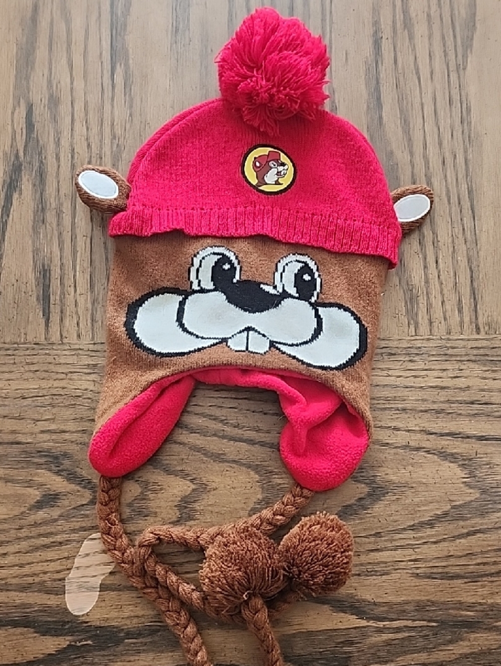 Buc-ee’s Beaver Face Knit Earflap Beanie Hat with Poms